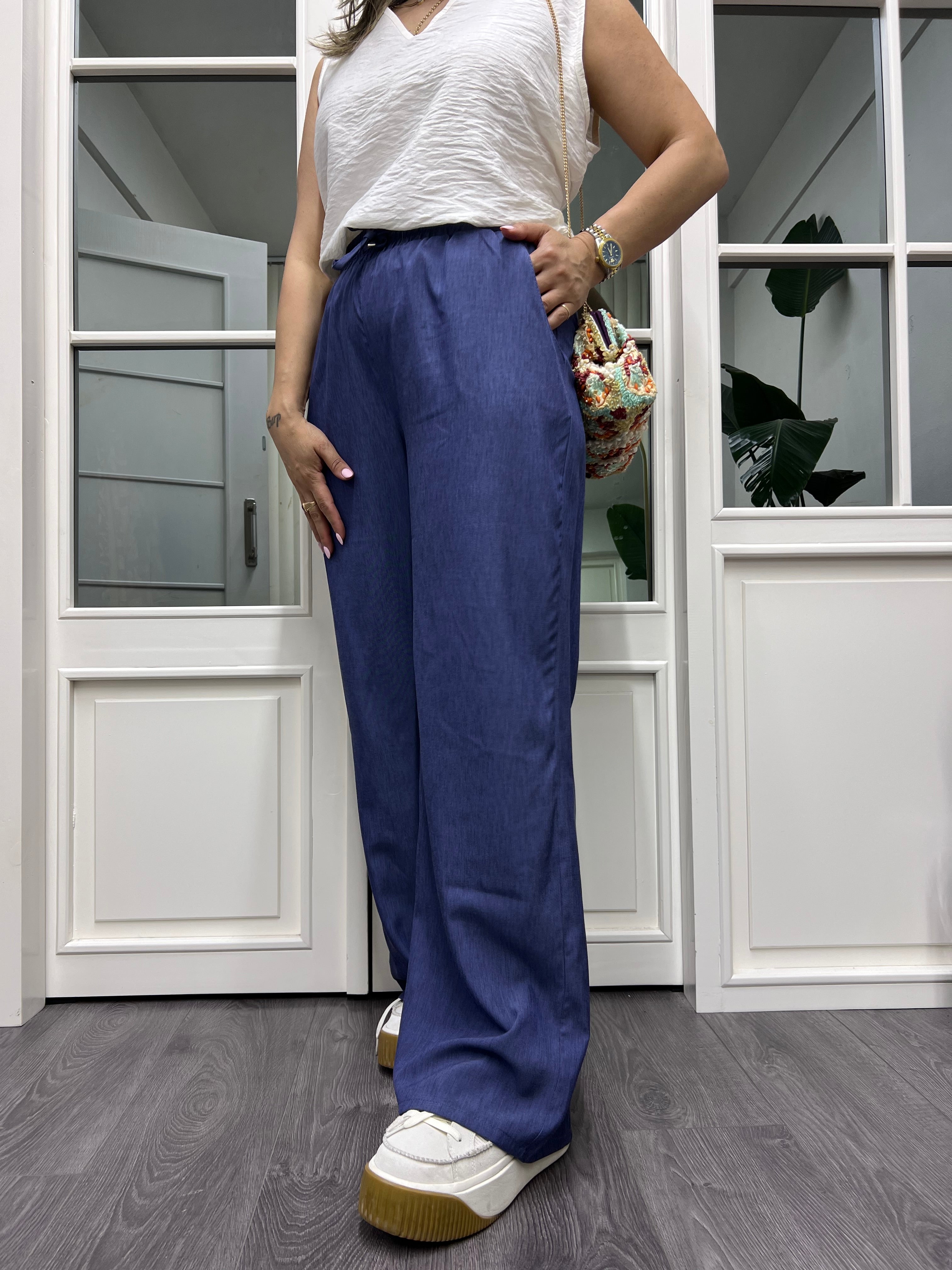 A01911 beli lastikli koyu mavi bol pantolon