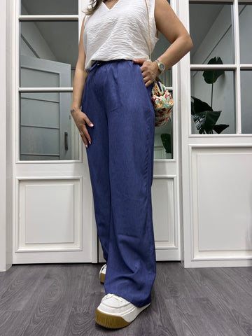 A01911 beli lastikli koyu mavi bol pantolon
