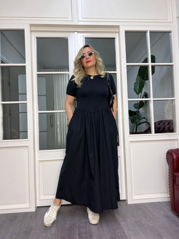 A02499 siyah bisiklet yaka eteği poplin cepli uzun elbise