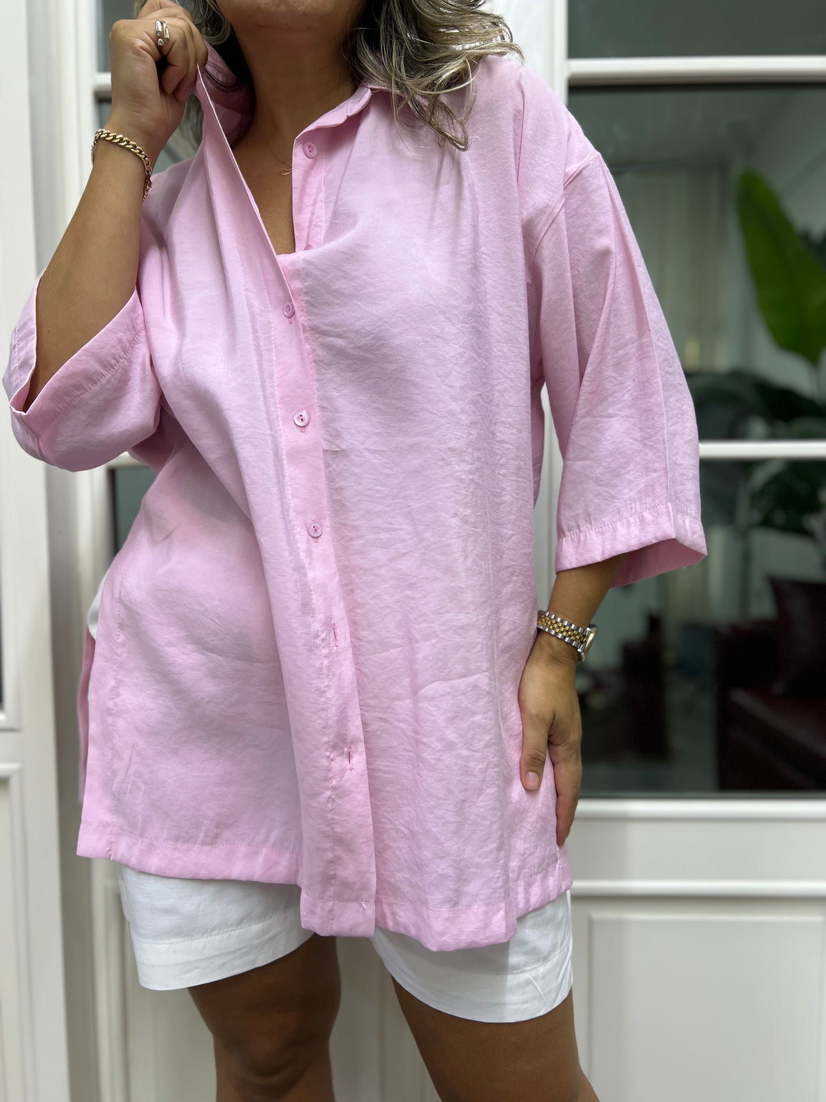 A02071 crep kumaş pembe gömlek