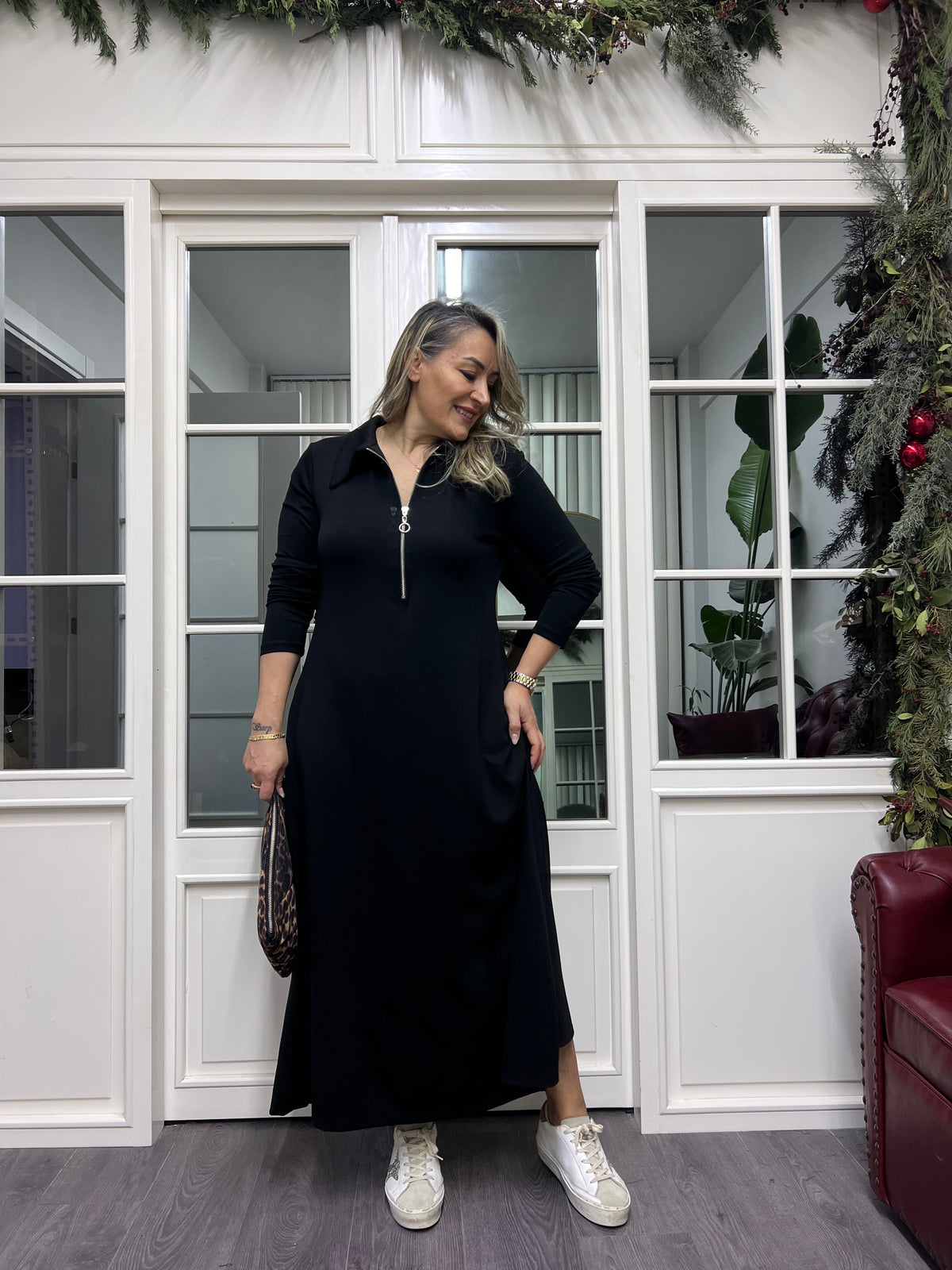 A02260 yakalı fermuarlı elbise