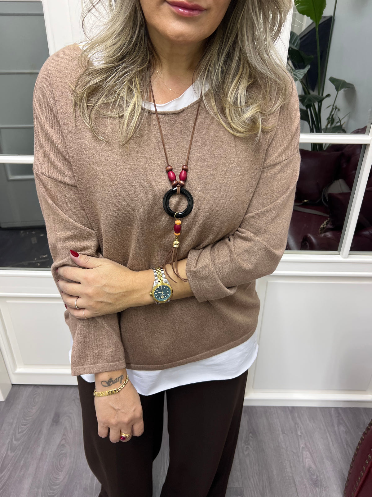 A02129 kahve ikili kolyeli triko