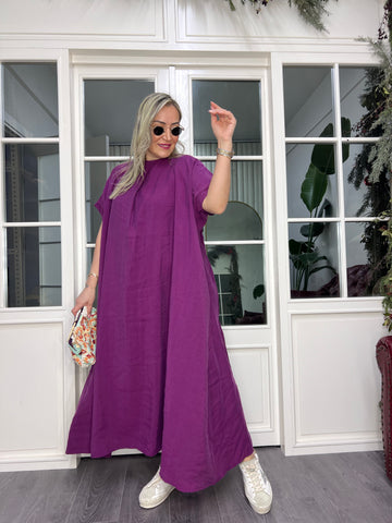 A02452 mürdüm rengi owersize omuzu fermuarlı elbise