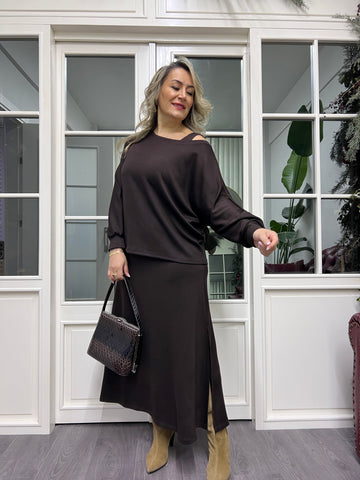A02236 kahve bluz takımlı elbise