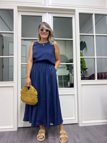 A02017 lacivert tensel kumaş etek takım