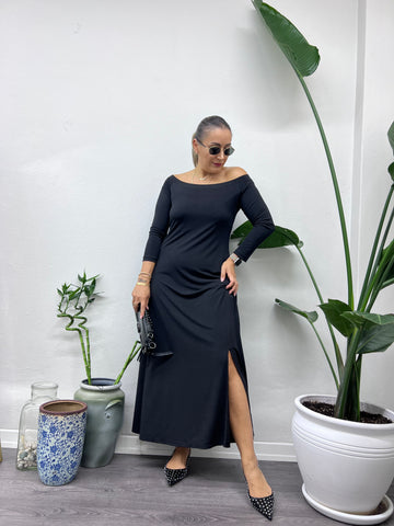 A01476 Madonna yaka yırtmaçlı likra maxi elbise