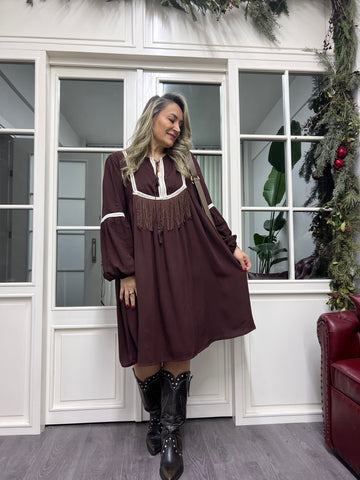 A02306 püsküllü viskon kahve elbise