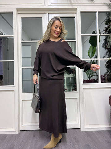 A02236 kahve bluz takımlı elbise