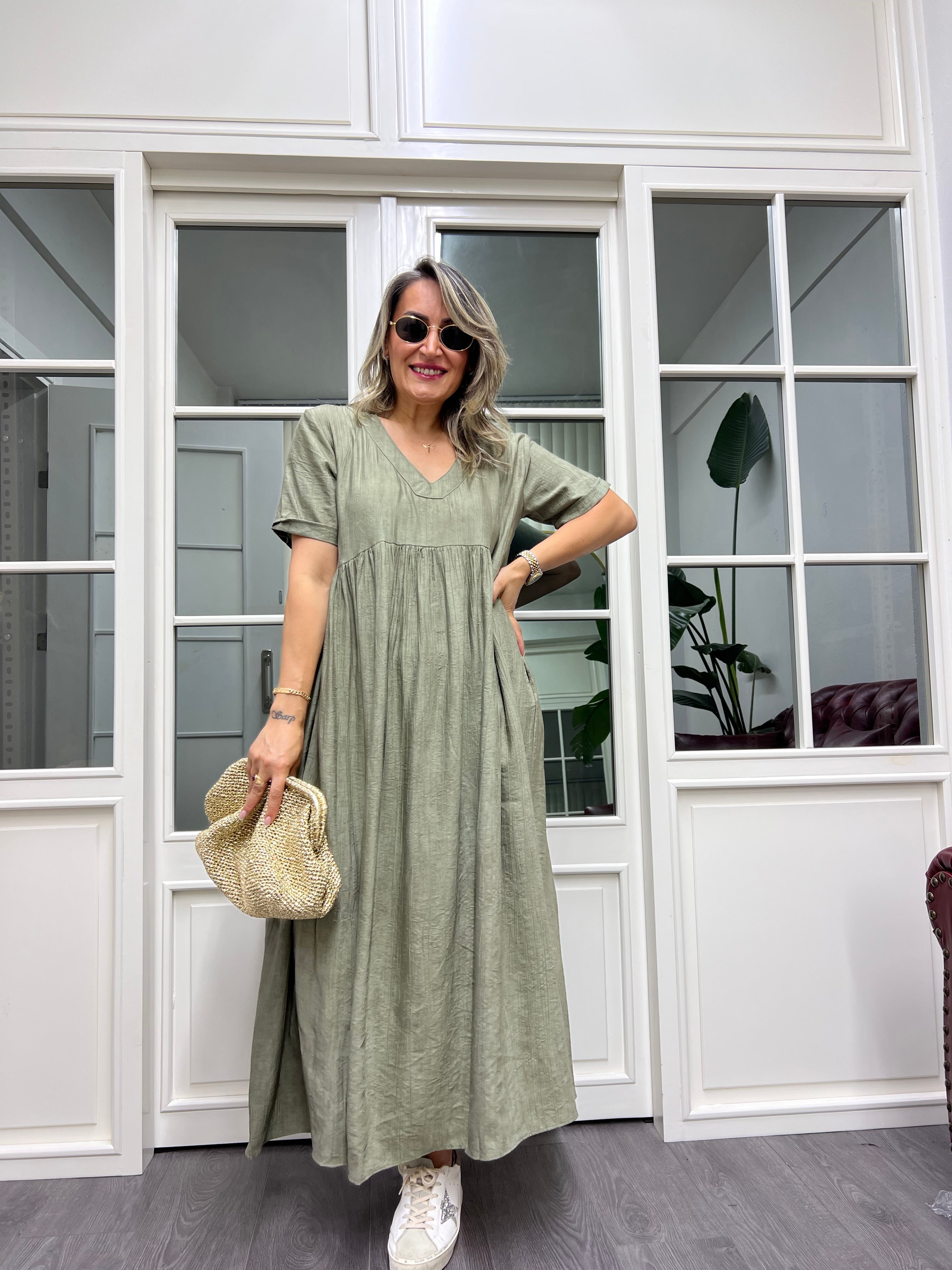 A01994 yeşil crep kumaş owersize elbise