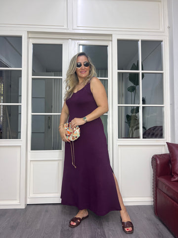 A02618 bordo askılı likralı yırtmaçlı elbise