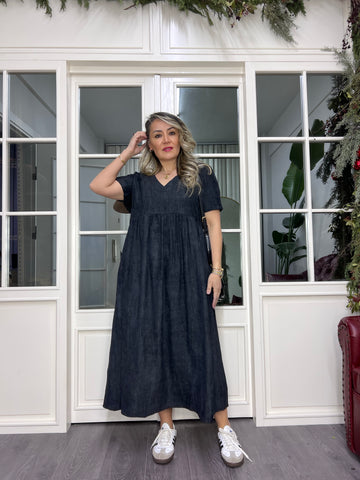 A01985 v yaka owersize dökümlü elbise