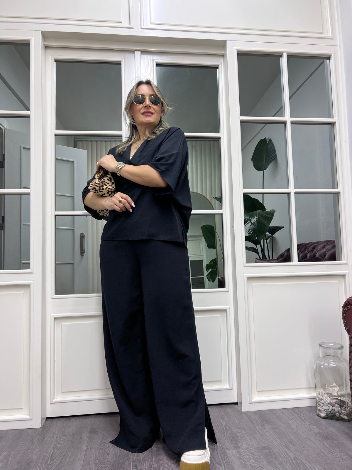 A01958 siyah owersize keten takım