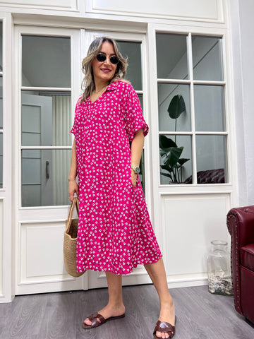 A01912 pembe çiçekli desenli viskon elbise