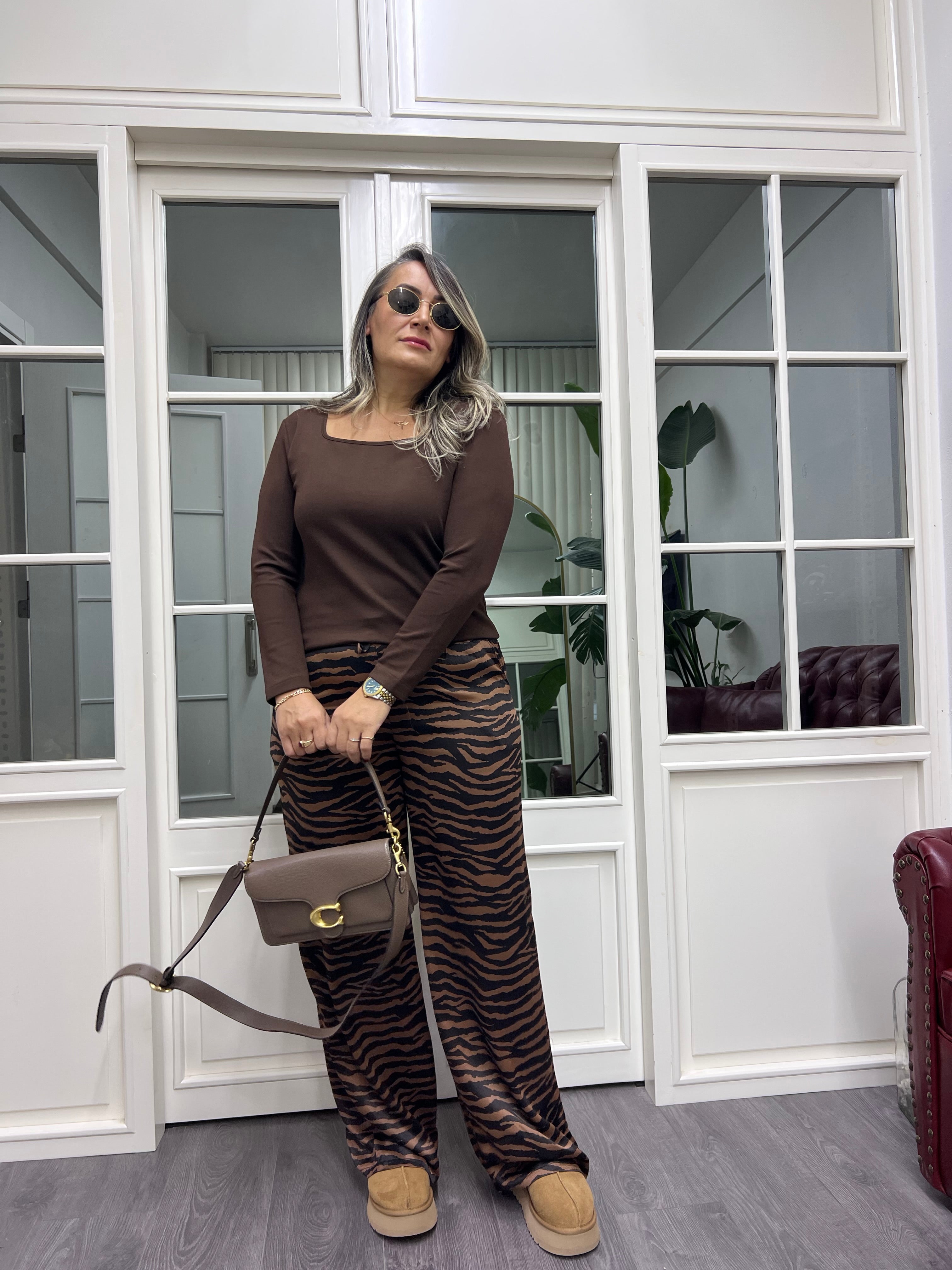 A02096 zebra desen beli lastikli pantolon