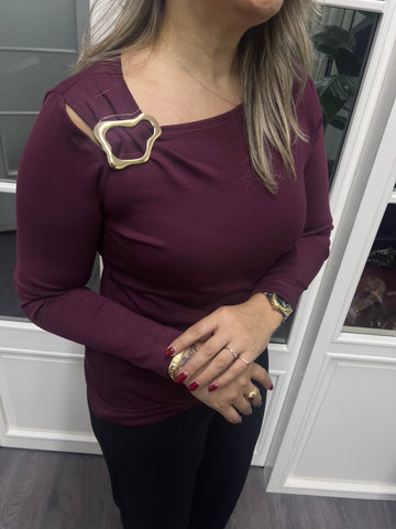 A02149 bordo omuzu metalli likralı bluz