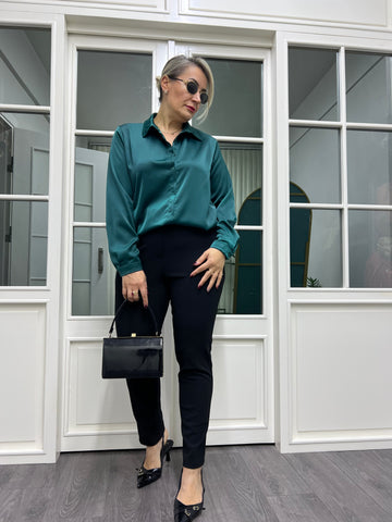 A01662 yeşil Crep saten gömlek