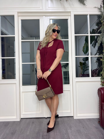 A02470 burgundy tie-neck stretchy short dress