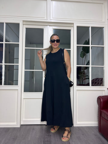 A02619 siyah sıfır kol bisiklet yaka bol kesim likralı elbise