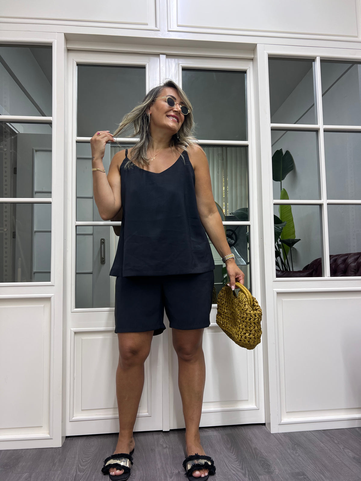 A01991 siyah askılı şort takım tensel kumaş