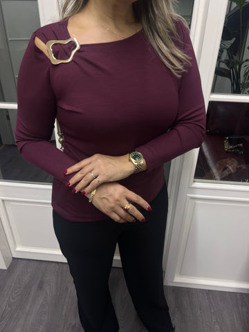 A02149 bordo omuzu metalli likralı bluz