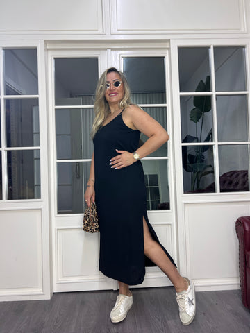 A02593 askılı likralı yırtmaçlı elbise