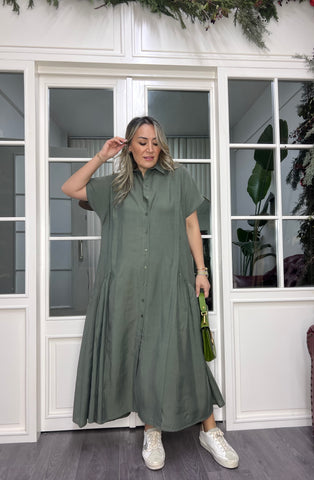 A02152 haki yeşil düğmeli owersize elbise