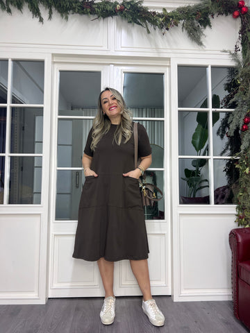 A02378 kahve likralı cepli elbise