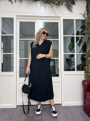 A02450 kolları pilili yırtmaçlı modal kumaş elbise