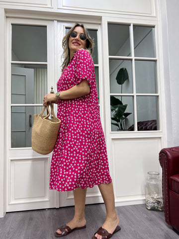 A01912 pembe çiçekli desenli viskon elbise