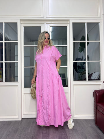A02599 pembe çizgili poplin kumaş maxi elbise