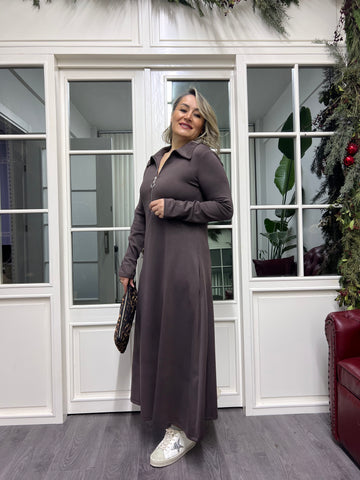 A02262 kahve yakalı likralı elbise