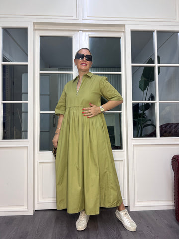 A02568 yakalı fermuarlı poplin bol kesim elbise