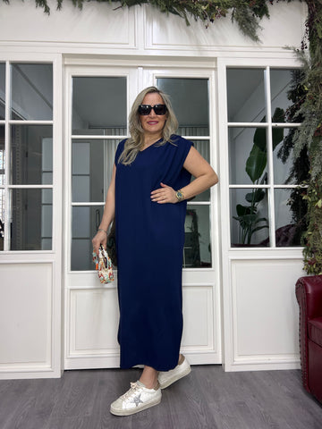 A02451 lacivert omuzu pilili likralı modal kumaş elbise