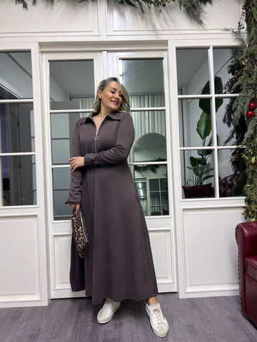 A02262 kahve yakalı likralı elbise