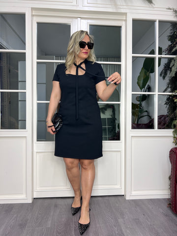 A02469 black stretch dress with tie neck