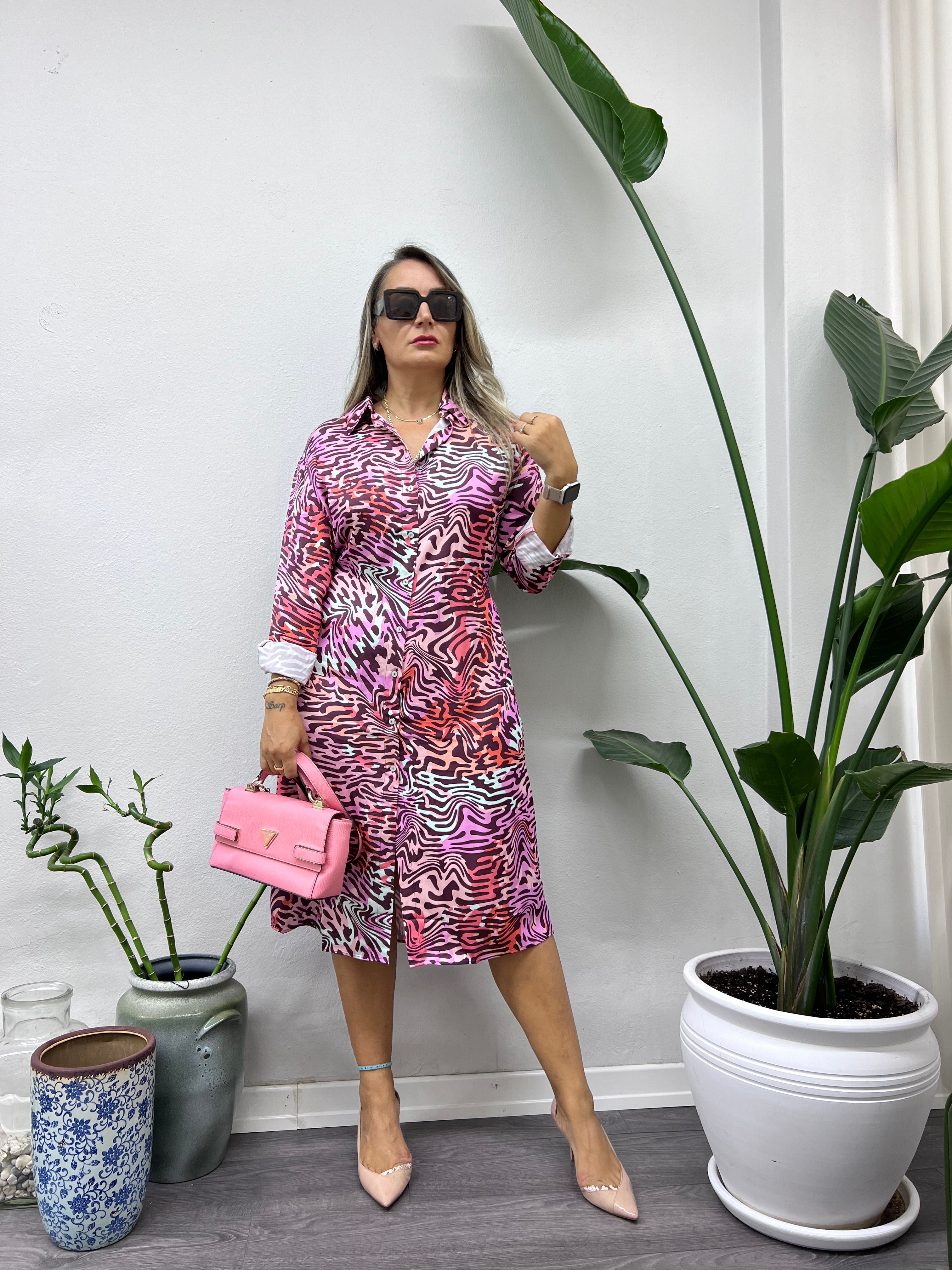 A01395 pembe zebra desen crep saten gömlek elbise
