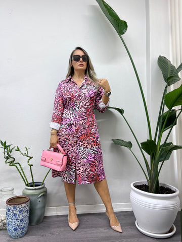 A01395 pembe zebra desen crep saten gömlek elbise