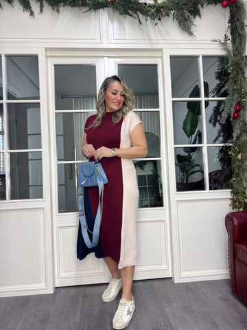 A02345 bordo bej garni likralı elbise