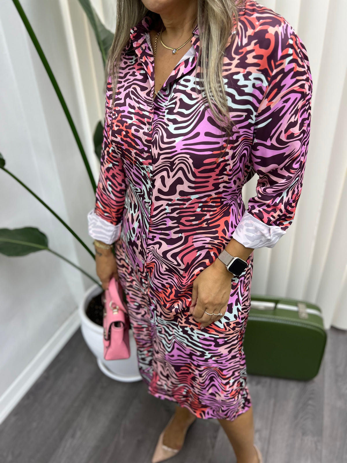 A01395 pembe zebra desen crep saten gömlek elbise