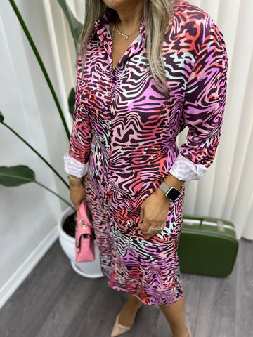 A01395 pembe zebra desen crep saten gömlek elbise