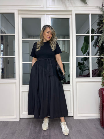 A02385 crepon shirred dress with tie-waist skirts