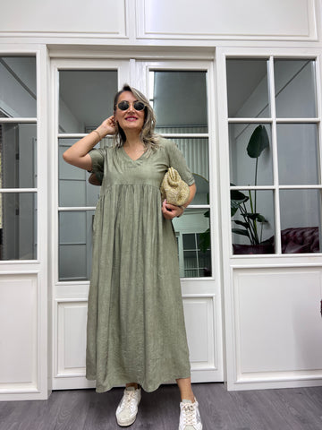 A01994 yeşil crep kumaş owersize elbise