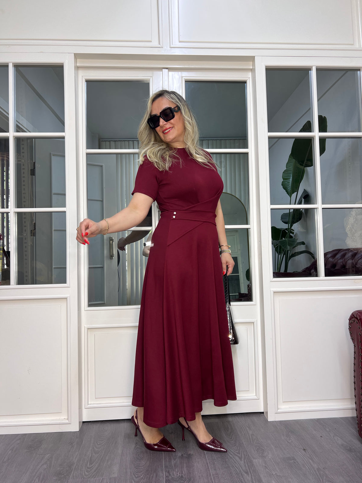 A02487 bordo likralı modal Çan elbise