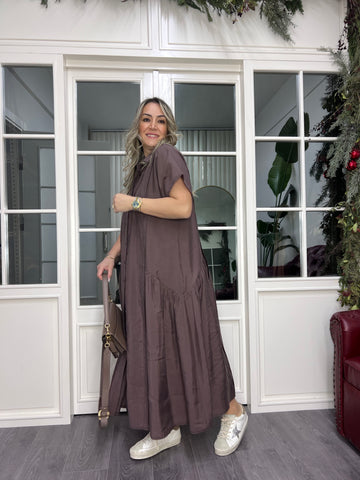 A02351 kahve tensel kumaş düğmeli bol elbise