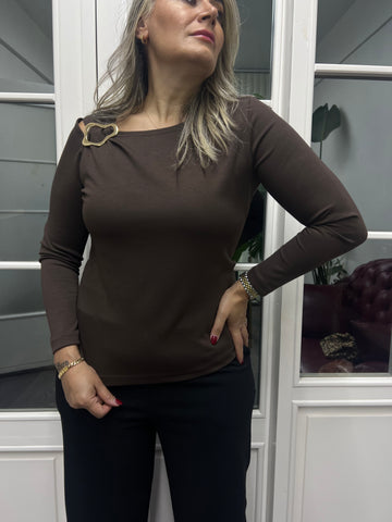 A02147 kahve likralı modal kumaş omuzu metal bluz