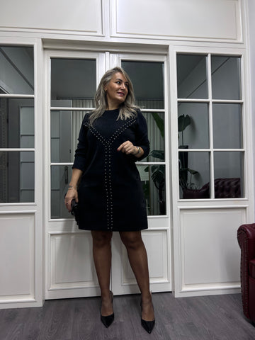 A02156 nubuk likralı zımbalı siyah elbise