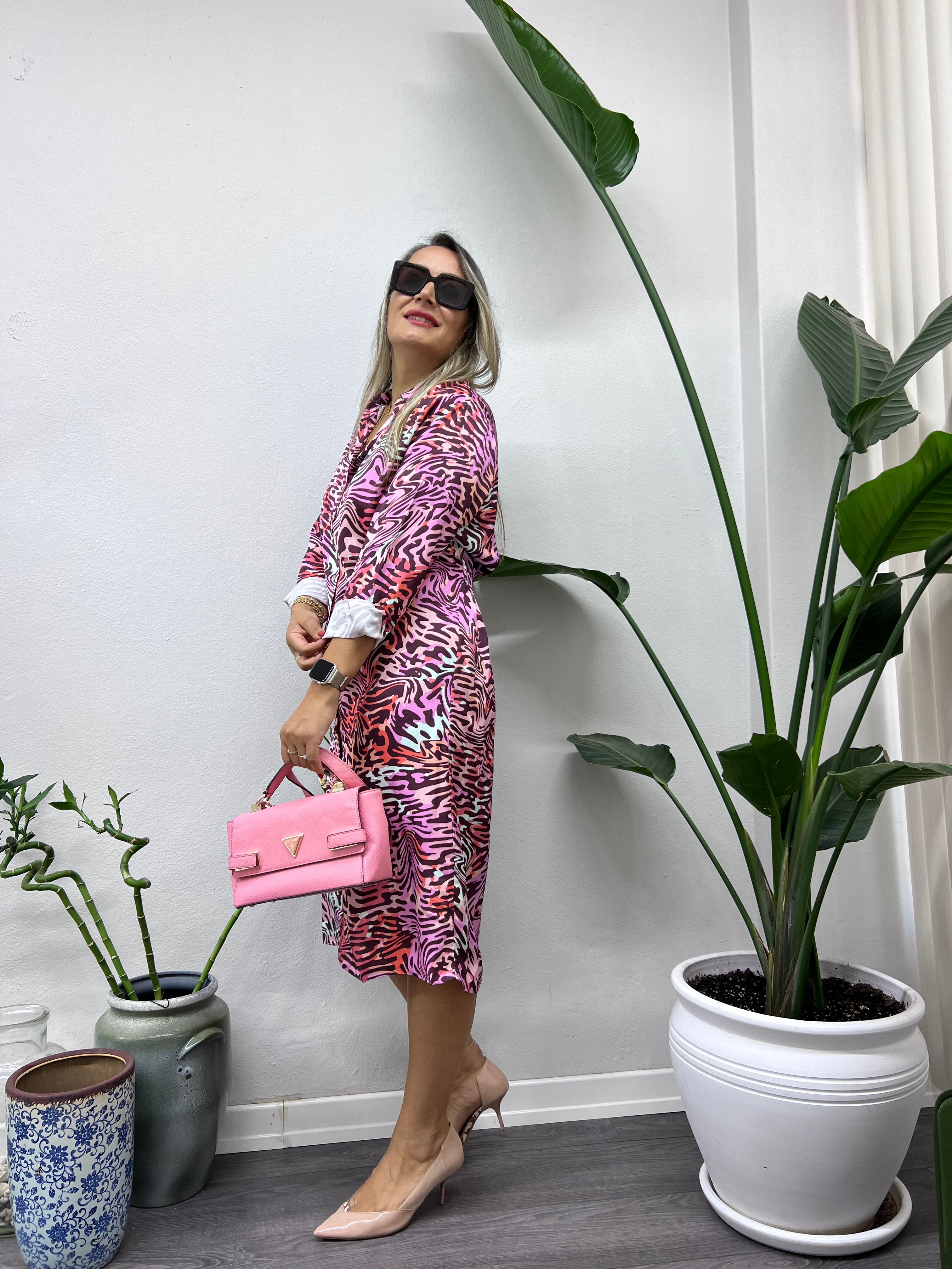 A01395 pembe zebra desen crep saten gömlek elbise