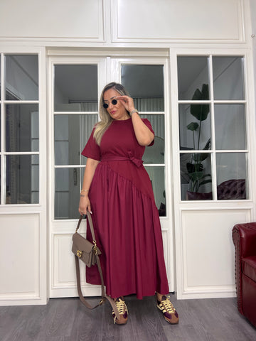 A02630 bordo eteği büzgülü üstü likralı eteği poplin elbise