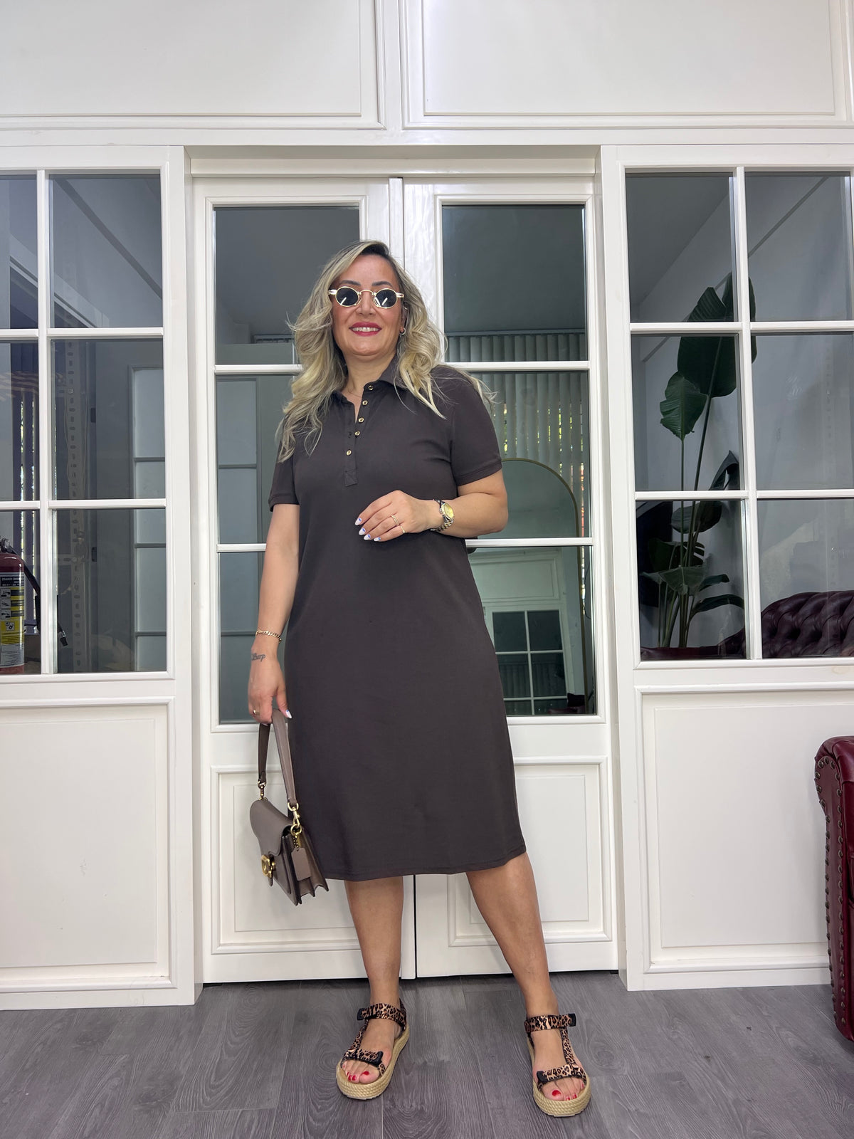 A02562 coffee Lacoste fabric collared dress