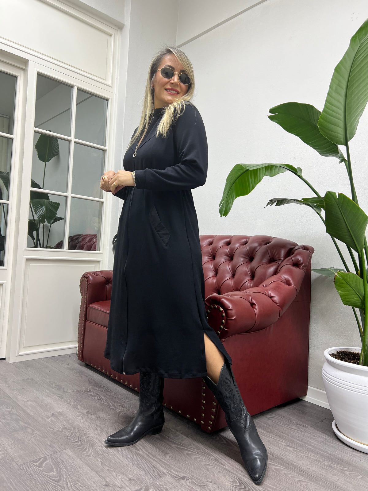 A01719 fermuarlı cepli likra elbise